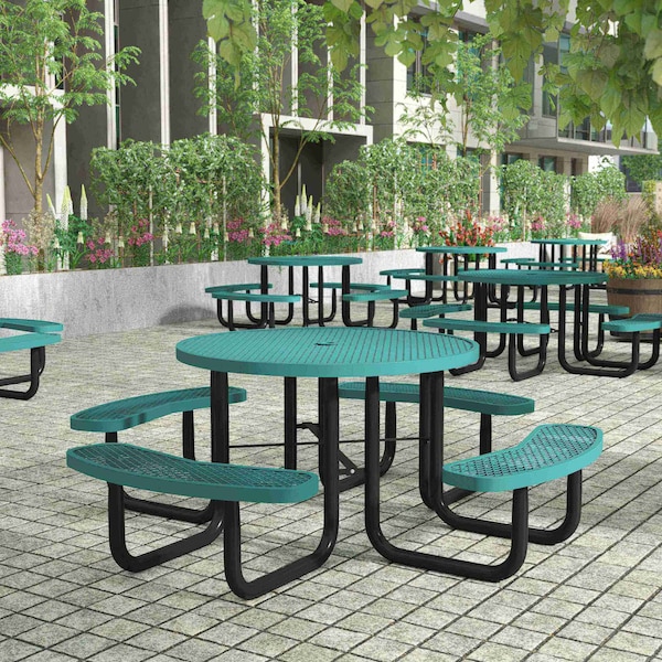 Flash Furniture Creekside Round Outdoor Picnic Table W/ Umbrella Hole, Black Top/Seat/Frame, Mesh Metal Top, 46 in SLF-EMR46-H60L-GN-GG - main